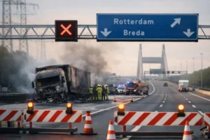 A16 richting Rotterdam langdurig afgesloten na brand vrachtwagen