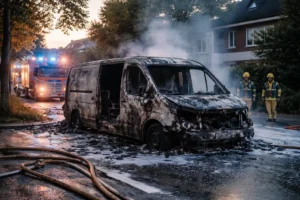 Bedrijfsbus volledig beschadigd door brand in Dordrecht-Stadspolders