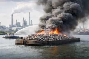 Brand in duwbak met huisvuil zorgt voor rook en stank in Botlekgebied