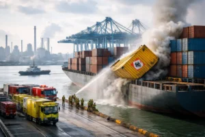 Container met mogelijke gevaarlijke stoffen valt op schip in Rotterdamse haven