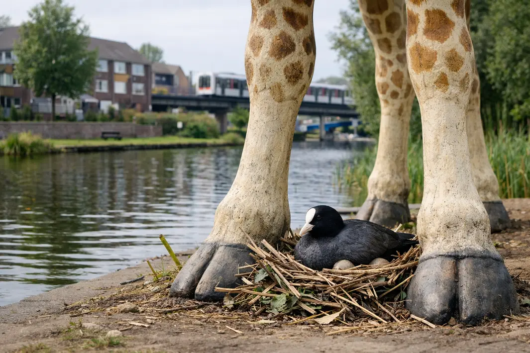 Meerkoet kiest giraffenbeeld als broedplek in Rotterdam-Beverwaard