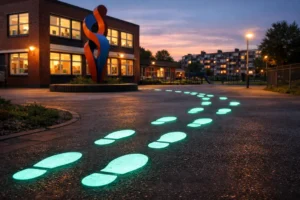 Nieuw kunstwerk met lichtgevende voetstappen siert basisschool in Rotterdam-Charlois