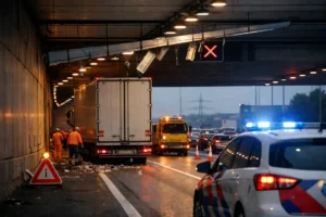 Verlichting Thomassentunnel beschadigd door te hoge vrachtwagen; verkeershinder op A15 en omliggende wegen