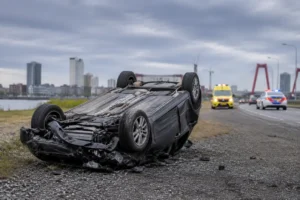 Auto belandt ondersteboven na botsing op Grindweg in Rotterdam